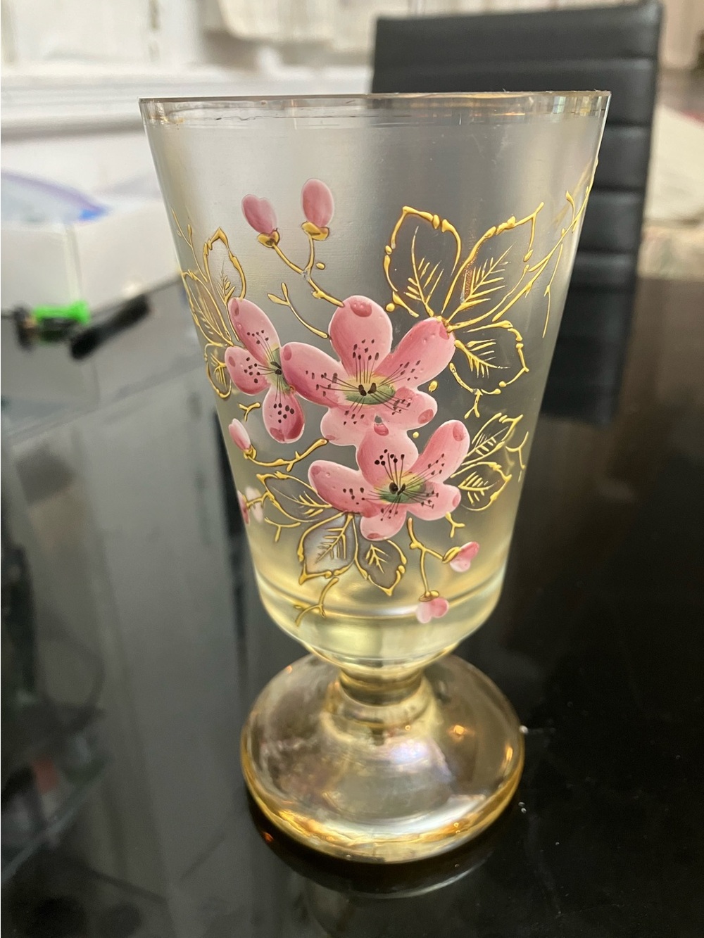 Vintage Style Frosted Glass Goblet Pink Floral Gold Trim Hand Painted Wine Glass